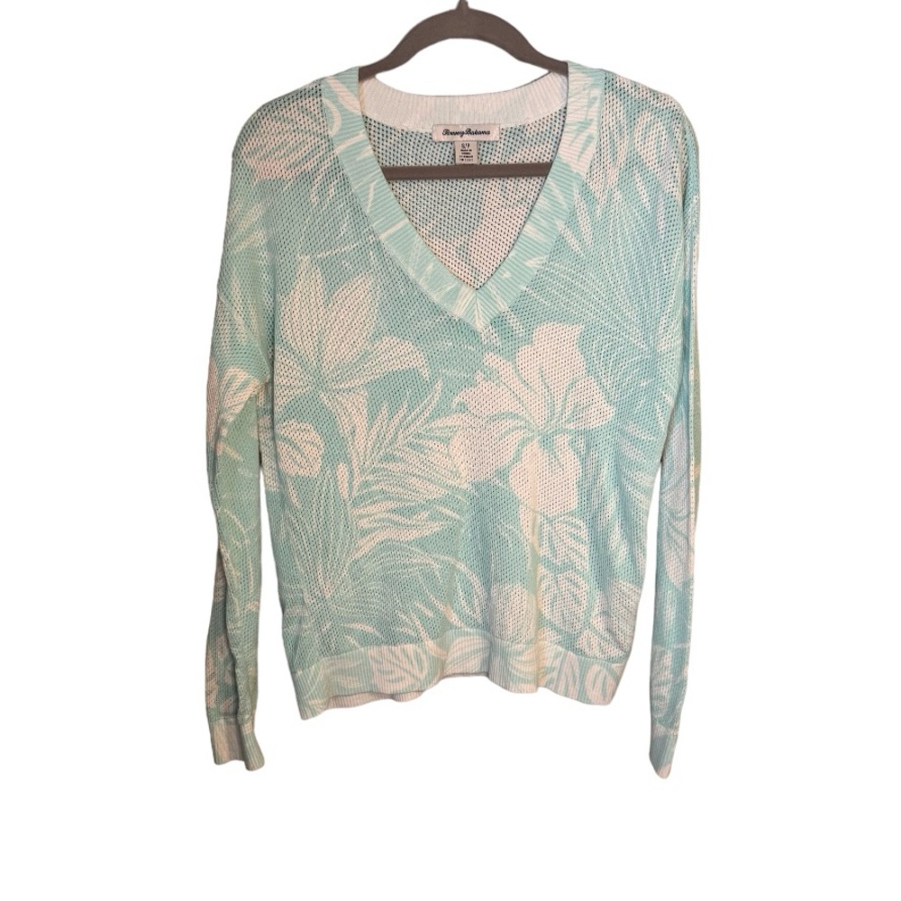 Tommy Bahama Mint Green and White Floral V-Neck Sweater